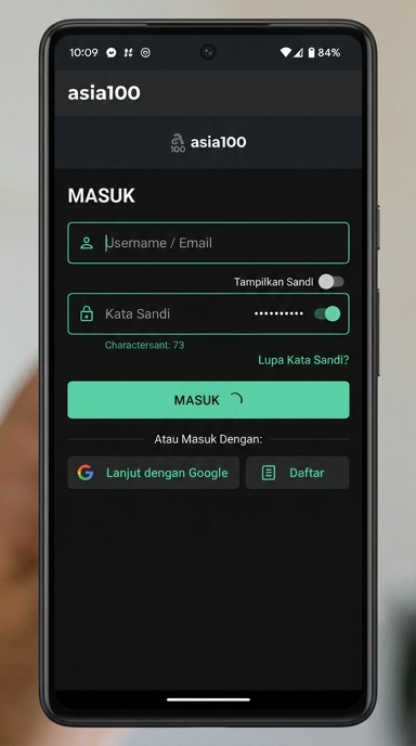 Tampilan halaman login asia100